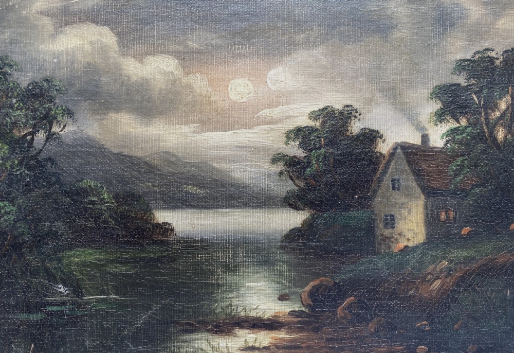 An oil painting depicting a moonlit highland loch scene with a small cottage near the water, framed in a thick white painted wooden frame. View III
