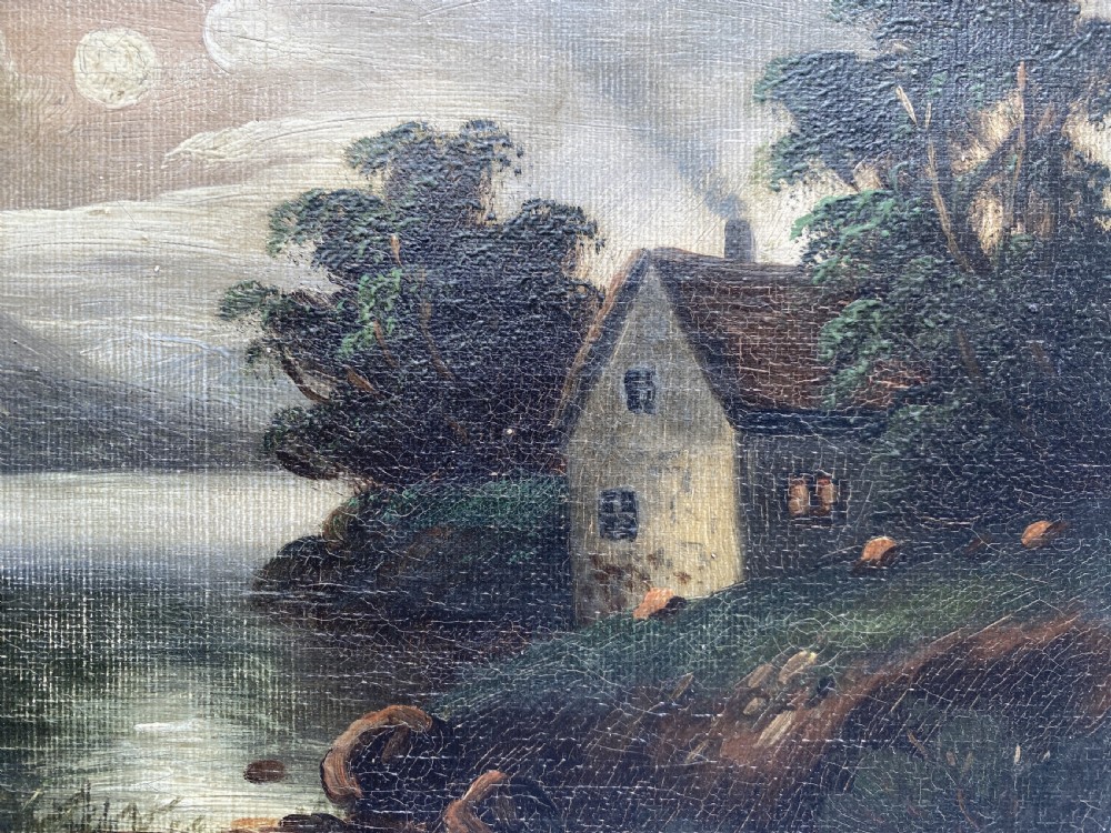 An oil painting depicting a moonlit highland loch scene with a small cottage near the water, framed in a thick white painted wooden frame. View VIII