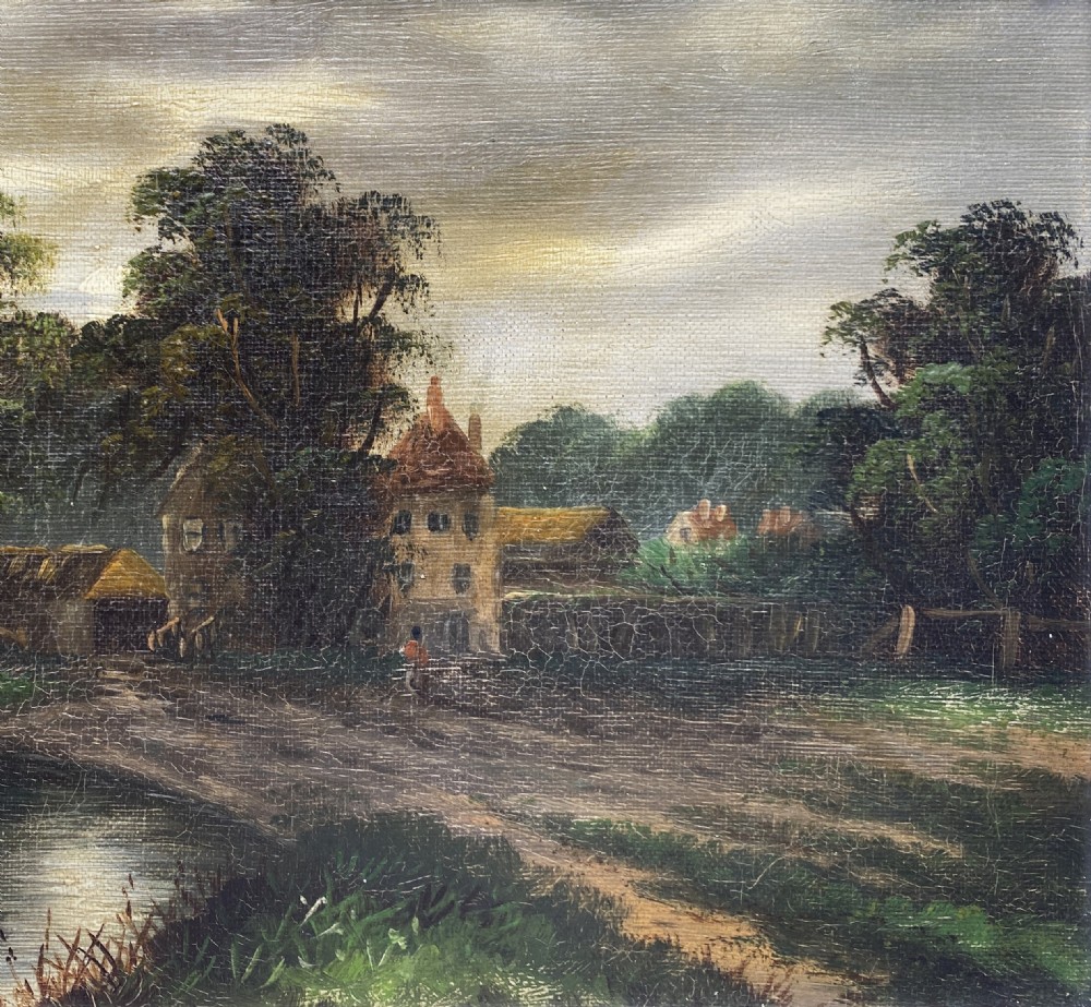 A 19th-century nocturnal oil painting depicting a moonlit rural landscape with trees and water, framed in a wide off-white moulded frame. View II