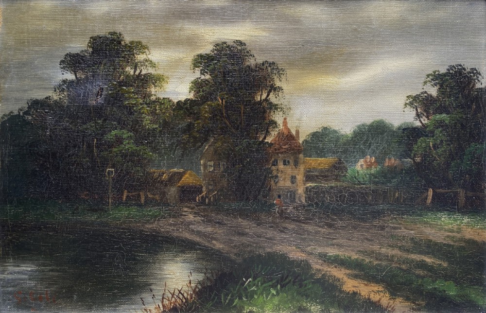 A 19th-century nocturnal oil painting depicting a moonlit rural landscape with trees and water, framed in a wide off-white moulded frame. View III