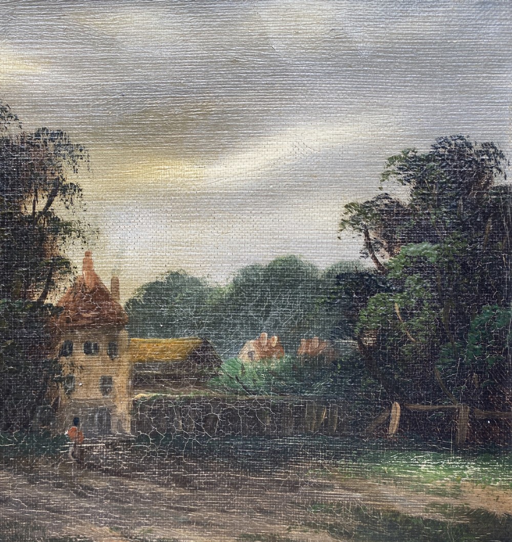 A 19th-century nocturnal oil painting depicting a moonlit rural landscape with trees and water, framed in a wide off-white moulded frame. View IV