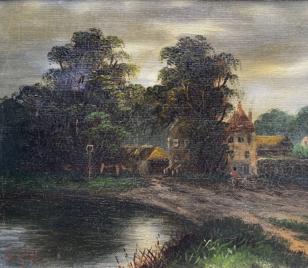 A 19th-century nocturnal oil painting depicting a moonlit rural landscape with trees and water, framed in a wide off-white moulded frame. View V