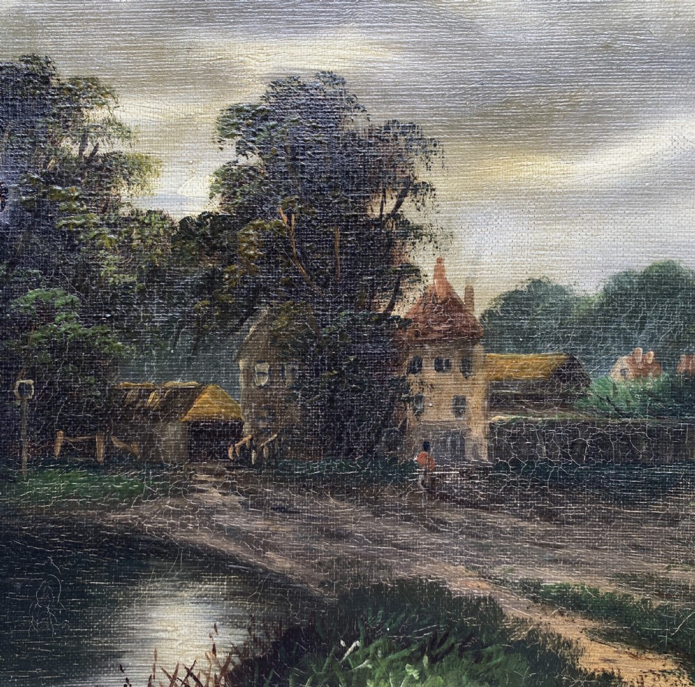 A 19th-century nocturnal oil painting depicting a moonlit rural landscape with trees and water, framed in a wide off-white moulded frame. View VI