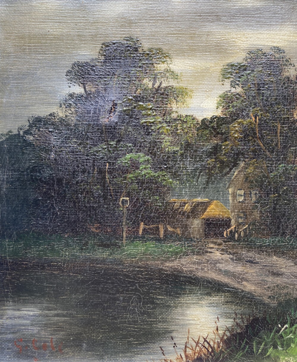A 19th-century nocturnal oil painting depicting a moonlit rural landscape with trees and water, framed in a wide off-white moulded frame. View VIII