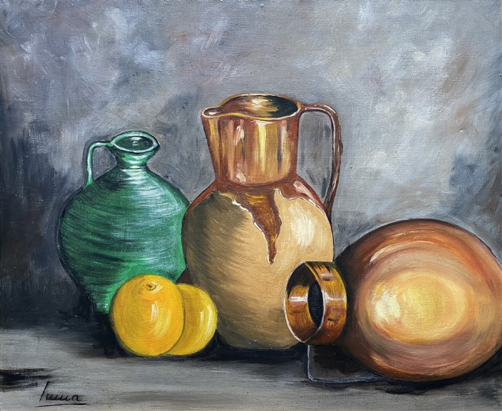 A framed mid-century oil painting depicting ceramic jugs, a metallic vessel, and yellow lemons set against a muted grey background. View II