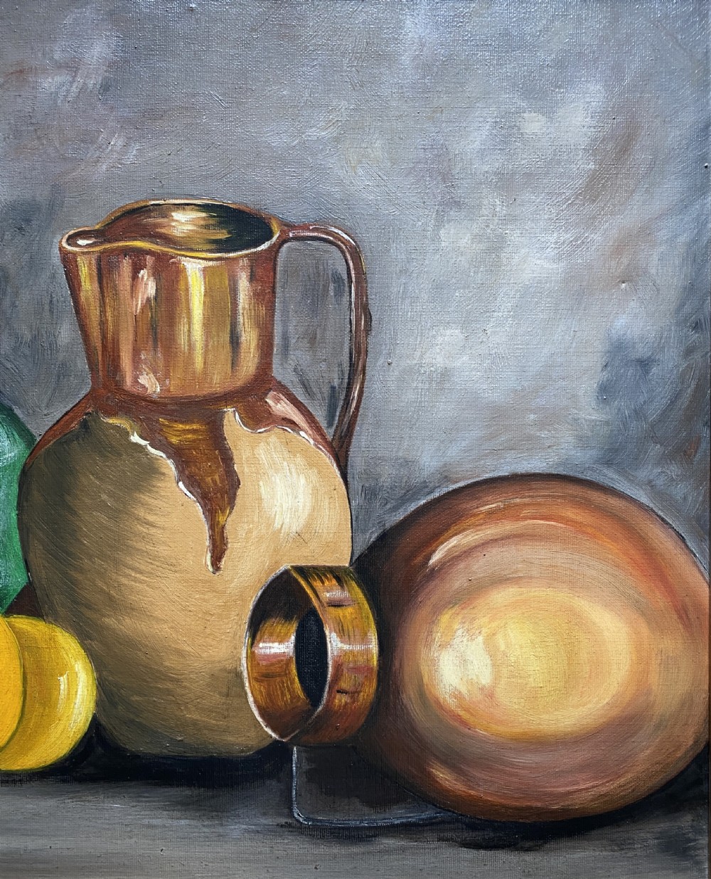 A framed mid-century oil painting depicting ceramic jugs, a metallic vessel, and yellow lemons set against a muted grey background. View III