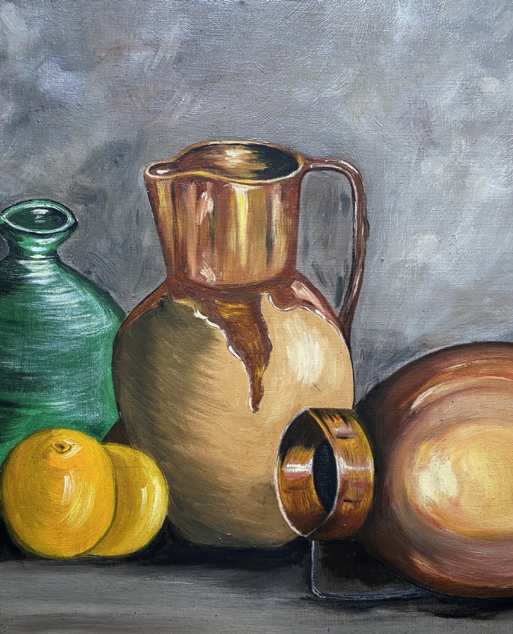 A framed mid-century oil painting depicting ceramic jugs, a metallic vessel, and yellow lemons set against a muted grey background. View IV