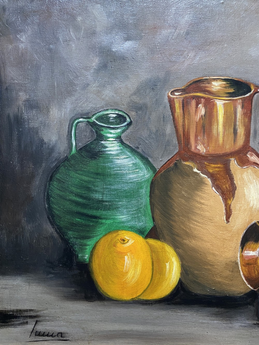 A framed mid-century oil painting depicting ceramic jugs, a metallic vessel, and yellow lemons set against a muted grey background. View V