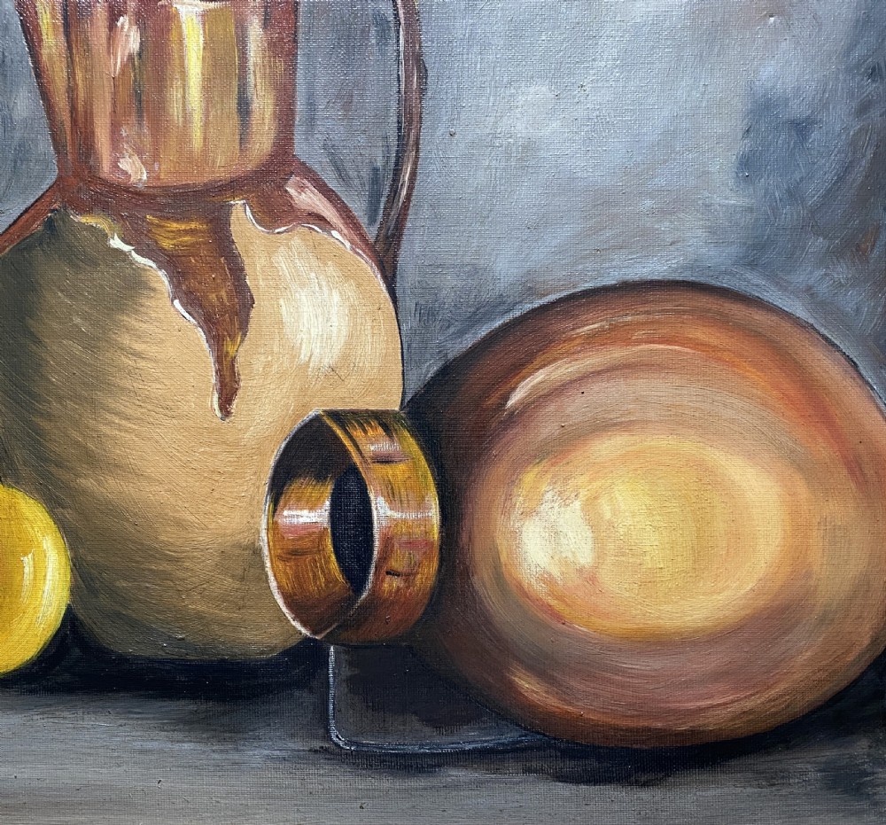 A framed mid-century oil painting depicting ceramic jugs, a metallic vessel, and yellow lemons set against a muted grey background. View VII