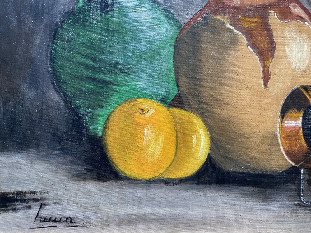 A framed mid-century oil painting depicting ceramic jugs, a metallic vessel, and yellow lemons set against a muted grey background. View VIII