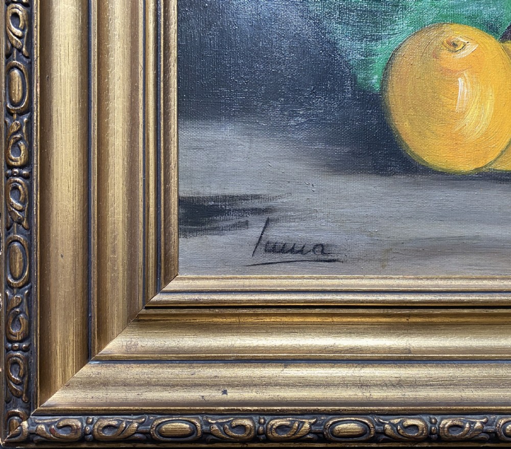 A framed mid-century oil painting depicting ceramic jugs, a metallic vessel, and yellow lemons set against a muted grey background. View IX
