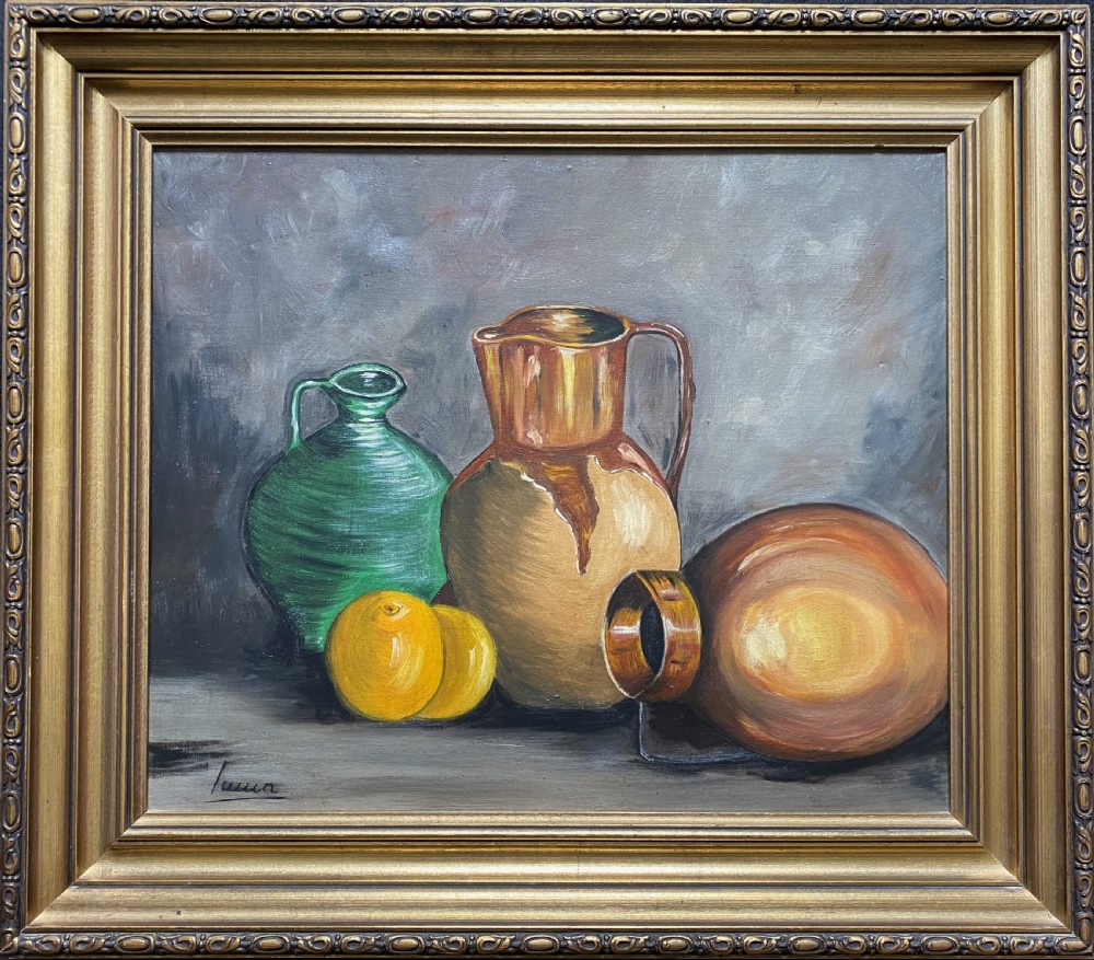 A framed mid-century oil painting depicting ceramic jugs, a metallic vessel, and yellow lemons set against a muted grey background. View XI