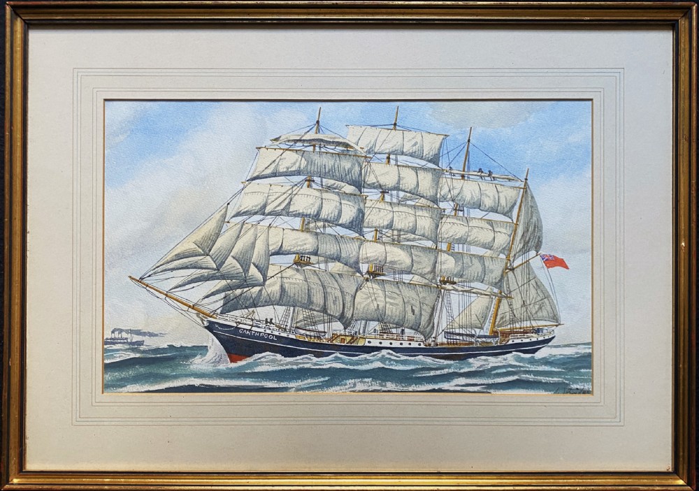 A gilt framed watercolour painting depicting the four-masted barque Garthpool sailing under full canvas across choppy ocean waters.