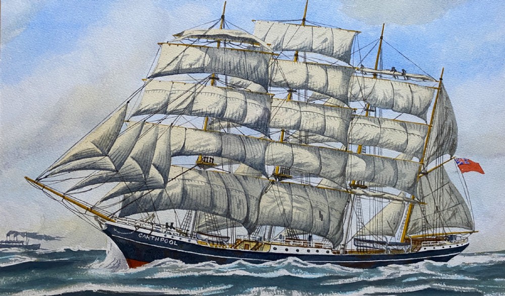 A gilt framed watercolour painting depicting the four-masted barque Garthpool sailing under full canvas across choppy ocean waters. View II