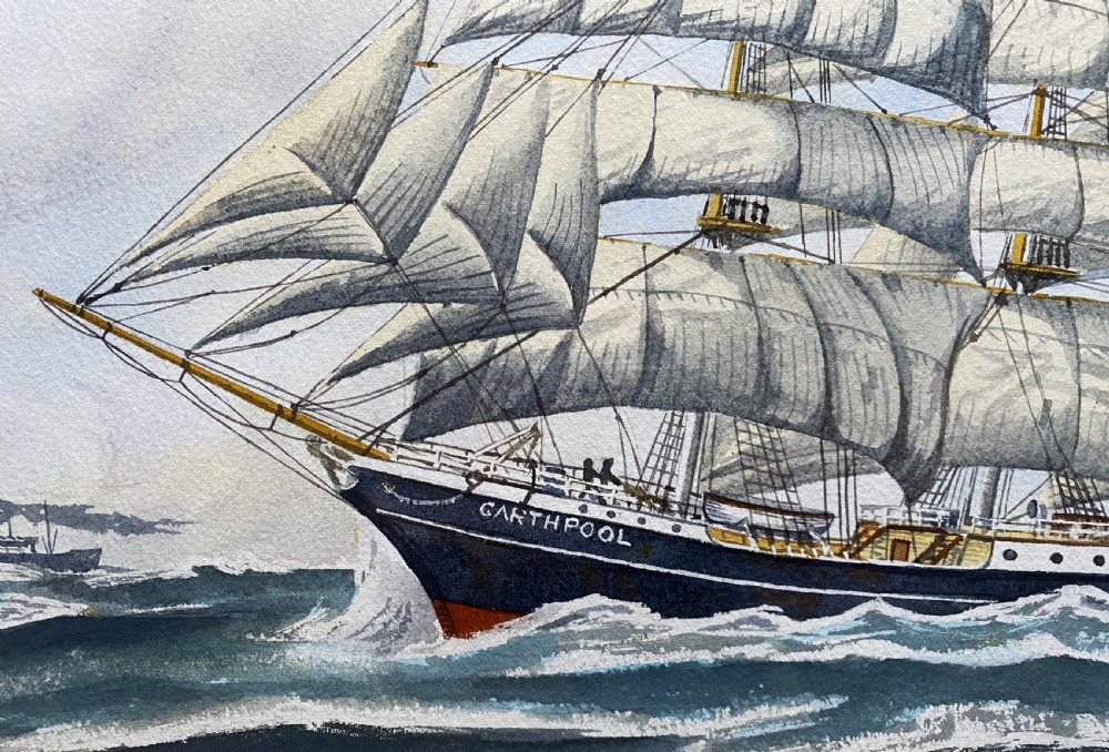 A gilt framed watercolour painting depicting the four-masted barque Garthpool sailing under full canvas across choppy ocean waters. View III