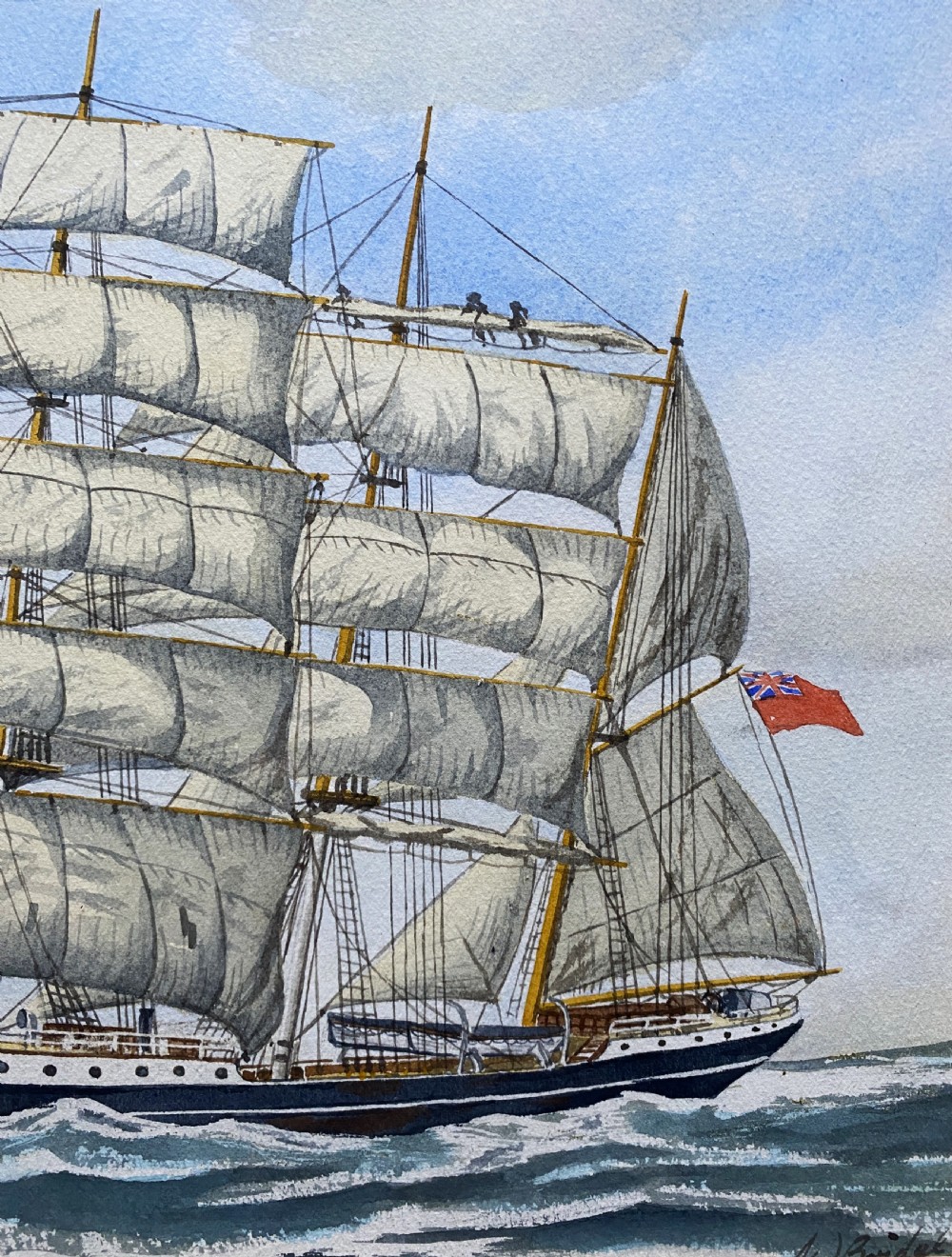 A gilt framed watercolour painting depicting the four-masted barque Garthpool sailing under full canvas across choppy ocean waters. View IV