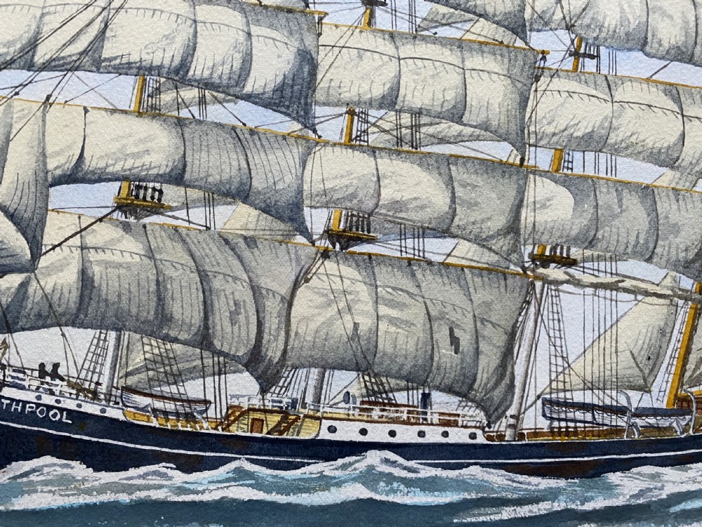 A gilt framed watercolour painting depicting the four-masted barque Garthpool sailing under full canvas across choppy ocean waters. View V