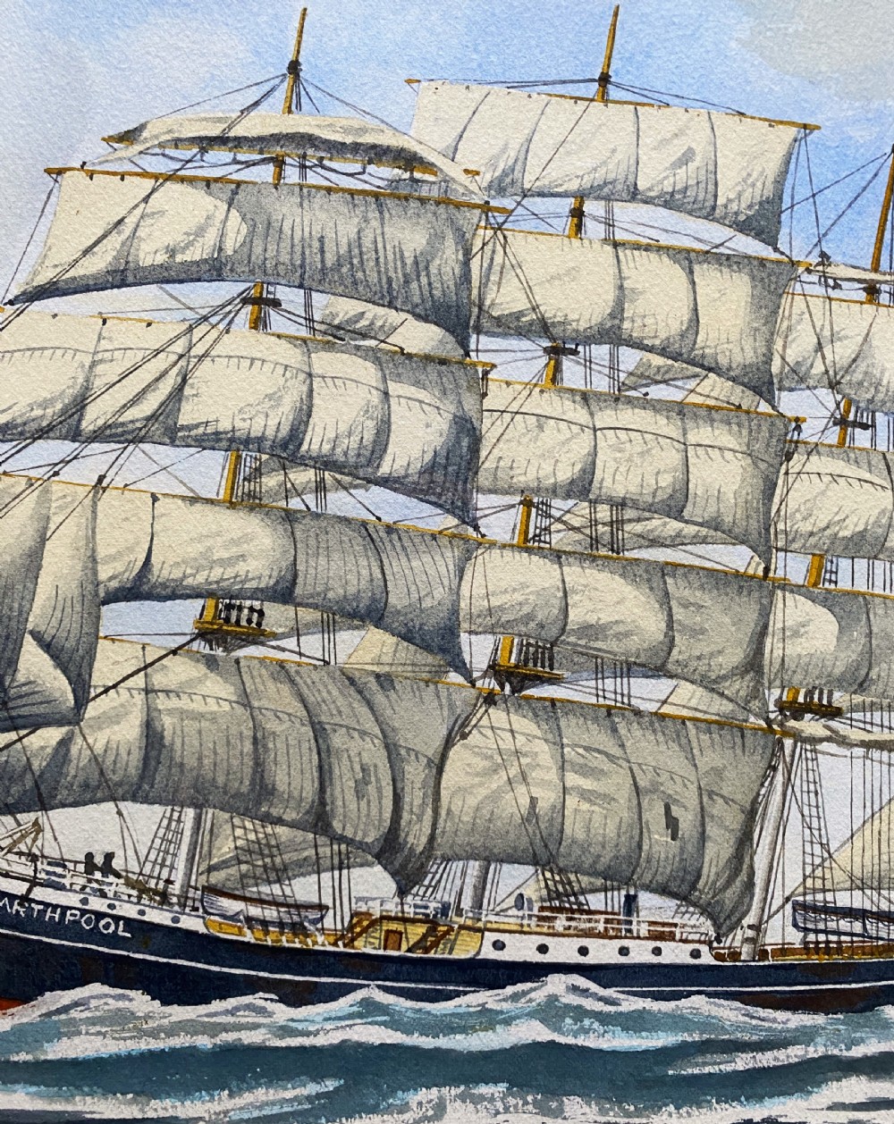 A gilt framed watercolour painting depicting the four-masted barque Garthpool sailing under full canvas across choppy ocean waters. View VI