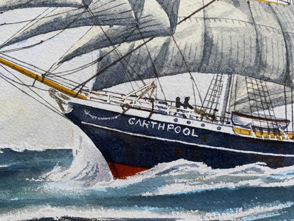 A gilt framed watercolour painting depicting the four-masted barque Garthpool sailing under full canvas across choppy ocean waters. View VII
