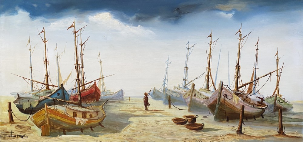 A horizontal mid-century oil painting depicting grounded fishing vessels on a sandy harbour floor beneath a cloudy blue sky, contained within a textured brown frame. View II