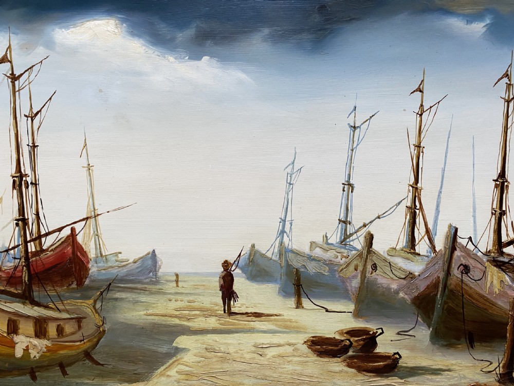 A horizontal mid-century oil painting depicting grounded fishing vessels on a sandy harbour floor beneath a cloudy blue sky, contained within a textured brown frame. View III