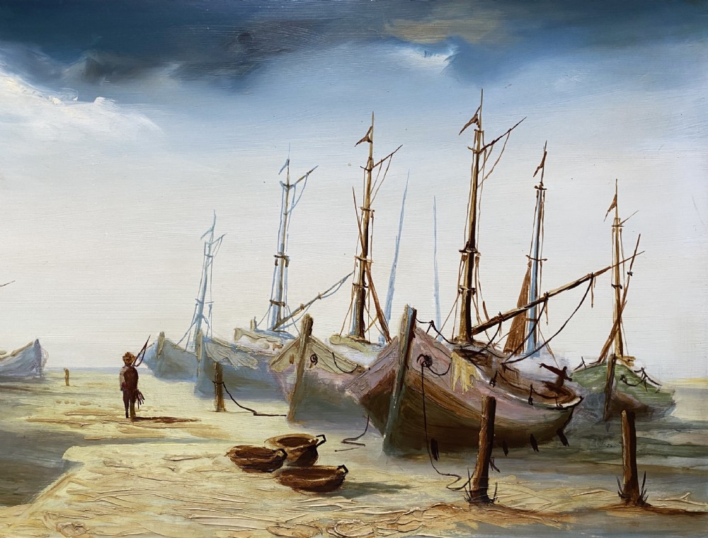 A horizontal mid-century oil painting depicting grounded fishing vessels on a sandy harbour floor beneath a cloudy blue sky, contained within a textured brown frame. View IV