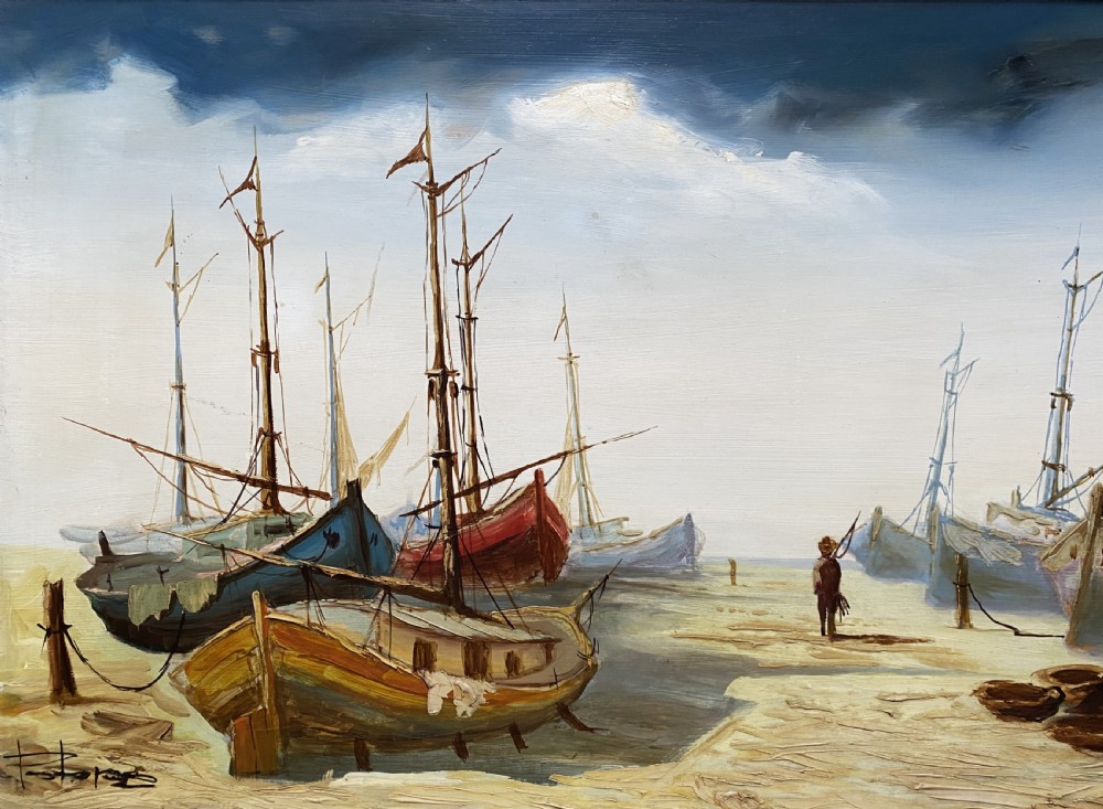 A horizontal mid-century oil painting depicting grounded fishing vessels on a sandy harbour floor beneath a cloudy blue sky, contained within a textured brown frame. View V