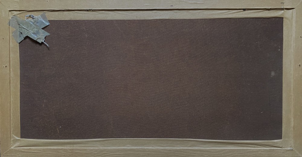 A horizontal mid-century oil painting depicting grounded fishing vessels on a sandy harbour floor beneath a cloudy blue sky, contained within a textured brown frame. View XI
