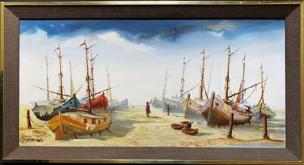 A horizontal mid-century oil painting depicting grounded fishing vessels on a sandy harbour floor beneath a cloudy blue sky, contained within a textured brown frame. View XII
