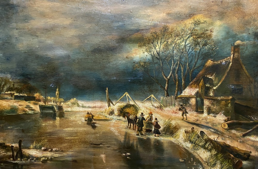 A framed oil painting depicting a nocturnal winter river landscape with figures, a thatched cottage, and a church spire in the background. View II
