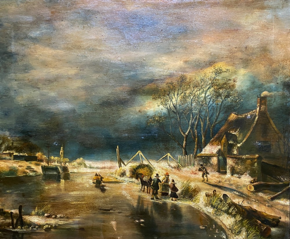 A framed oil painting depicting a nocturnal winter river landscape with figures, a thatched cottage, and a church spire in the background. View III