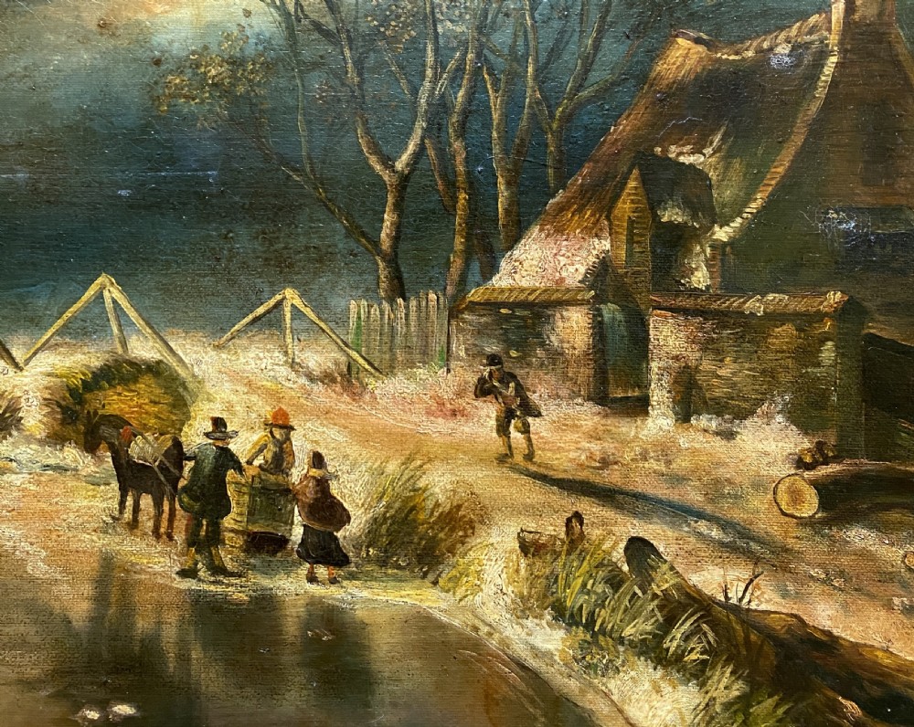 A framed oil painting depicting a nocturnal winter river landscape with figures, a thatched cottage, and a church spire in the background. View IV