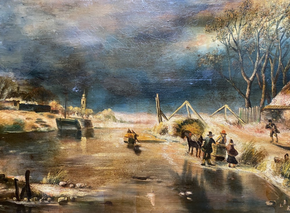 A framed oil painting depicting a nocturnal winter river landscape with figures, a thatched cottage, and a church spire in the background. View VI