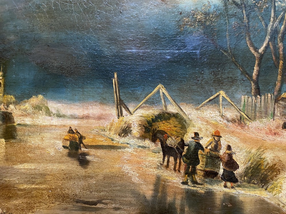 A framed oil painting depicting a nocturnal winter river landscape with figures, a thatched cottage, and a church spire in the background. View VIII