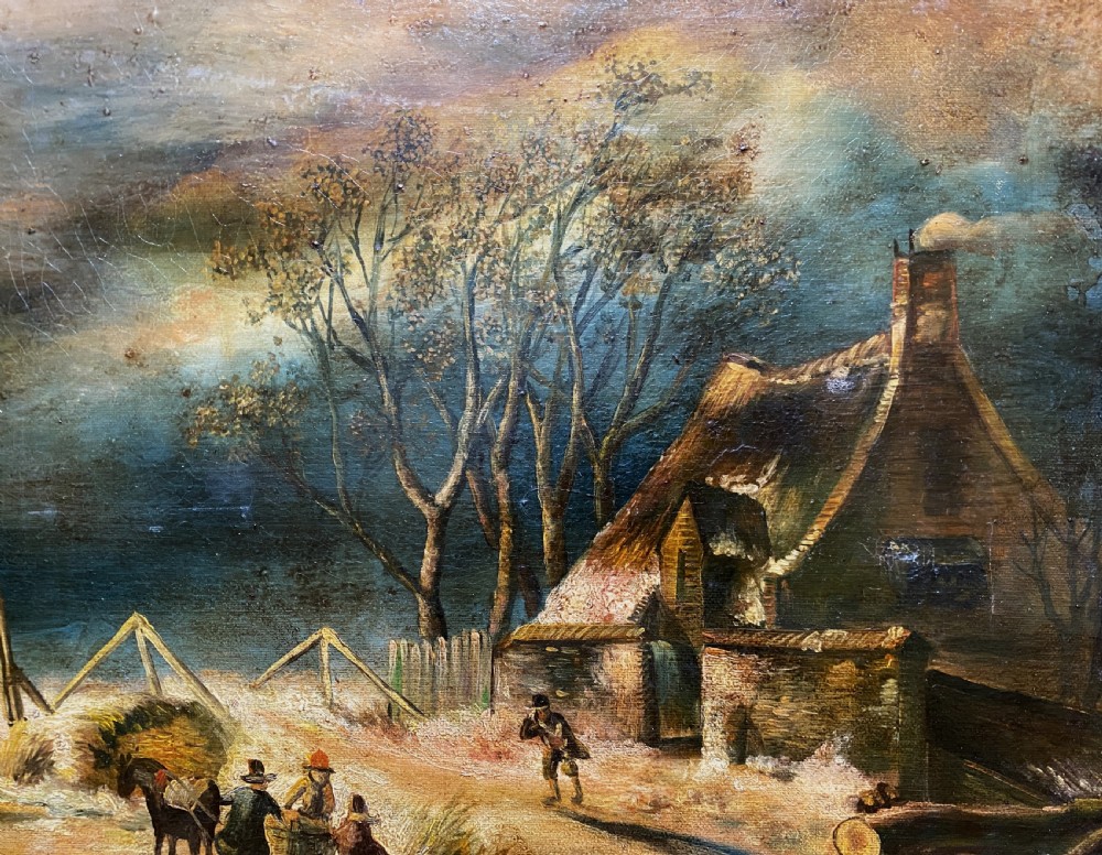 A framed oil painting depicting a nocturnal winter river landscape with figures, a thatched cottage, and a church spire in the background. View IX