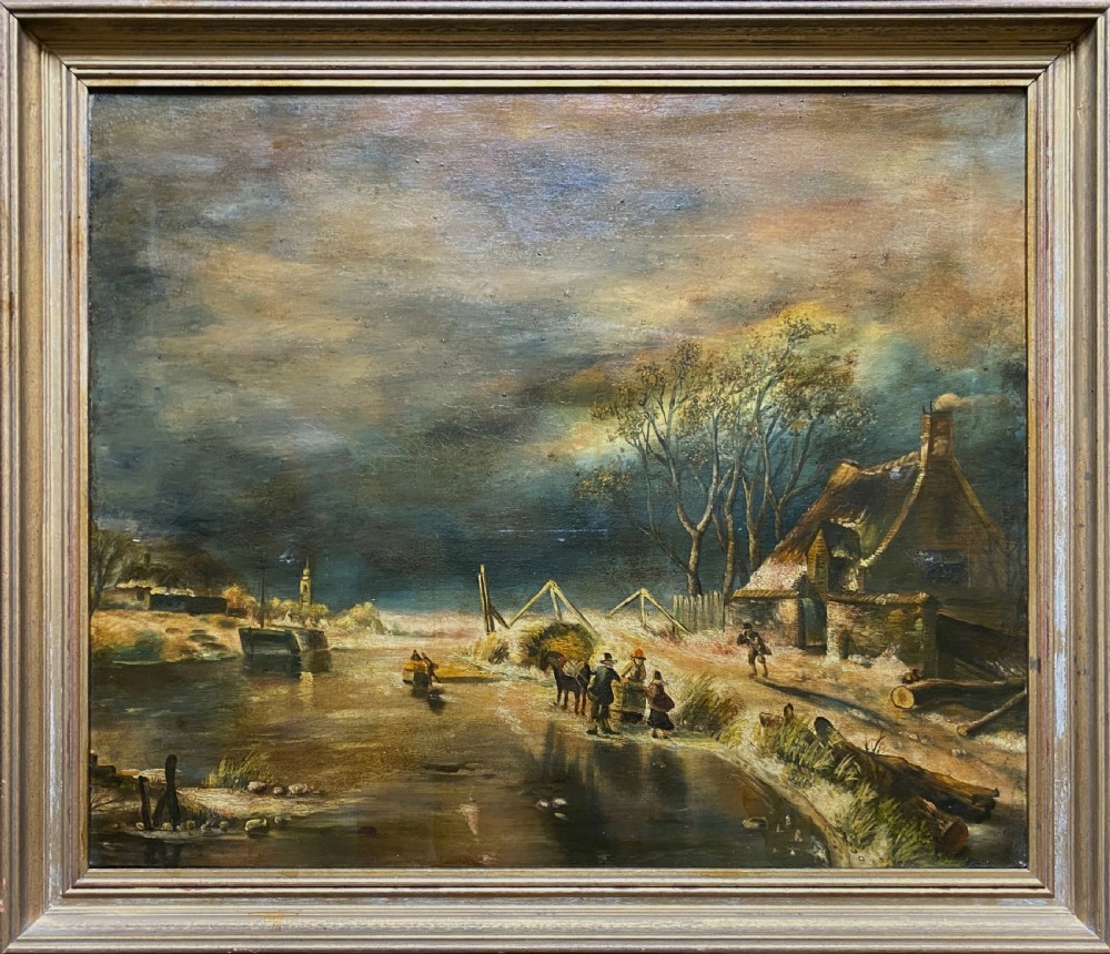 A framed oil painting depicting a nocturnal winter river landscape with figures, a thatched cottage, and a church spire in the background. View XI