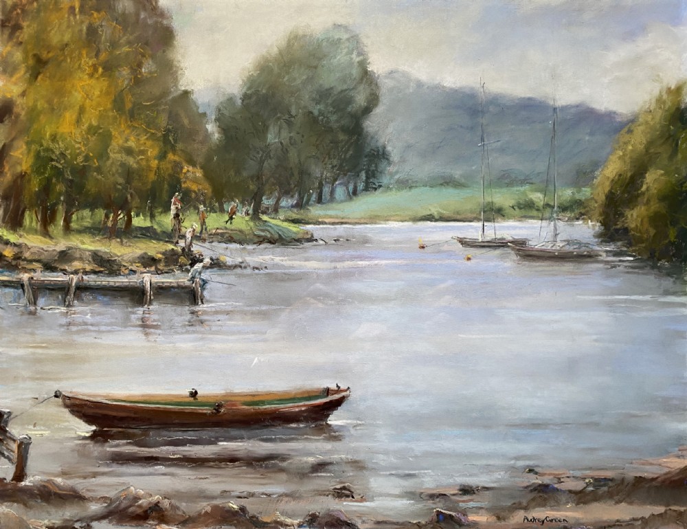 A framed post-war impressionist watercolour painting depicting a lake scene with boats, trees, and distant mountains at Fell Foot Park, Windermere. View II