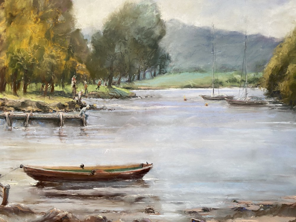 A framed post-war impressionist watercolour painting depicting a lake scene with boats, trees, and distant mountains at Fell Foot Park, Windermere. View III