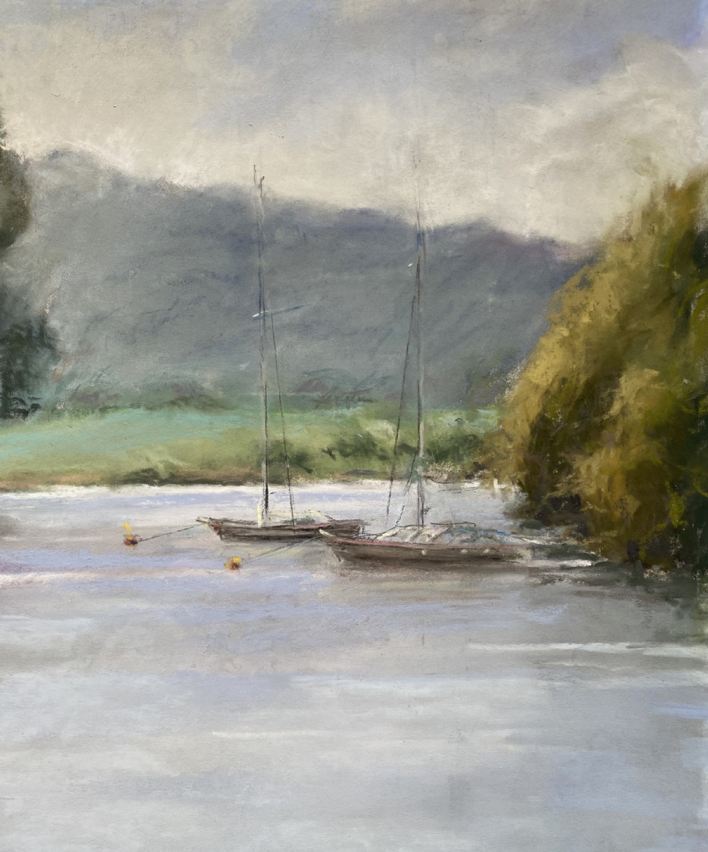 A framed post-war impressionist watercolour painting depicting a lake scene with boats, trees, and distant mountains at Fell Foot Park, Windermere. View IV