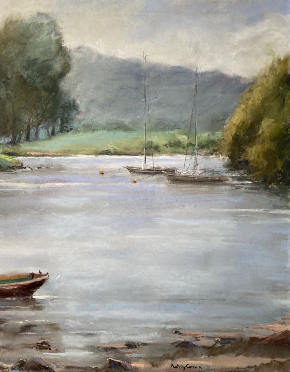 A framed post-war impressionist watercolour painting depicting a lake scene with boats, trees, and distant mountains at Fell Foot Park, Windermere. View V