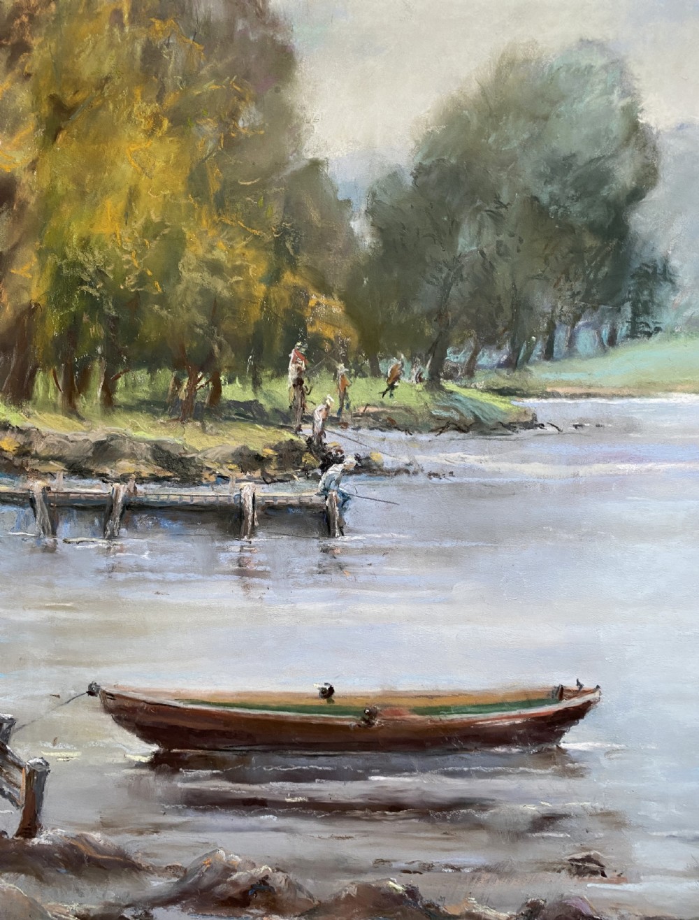 A framed post-war impressionist watercolour painting depicting a lake scene with boats, trees, and distant mountains at Fell Foot Park, Windermere. View VI