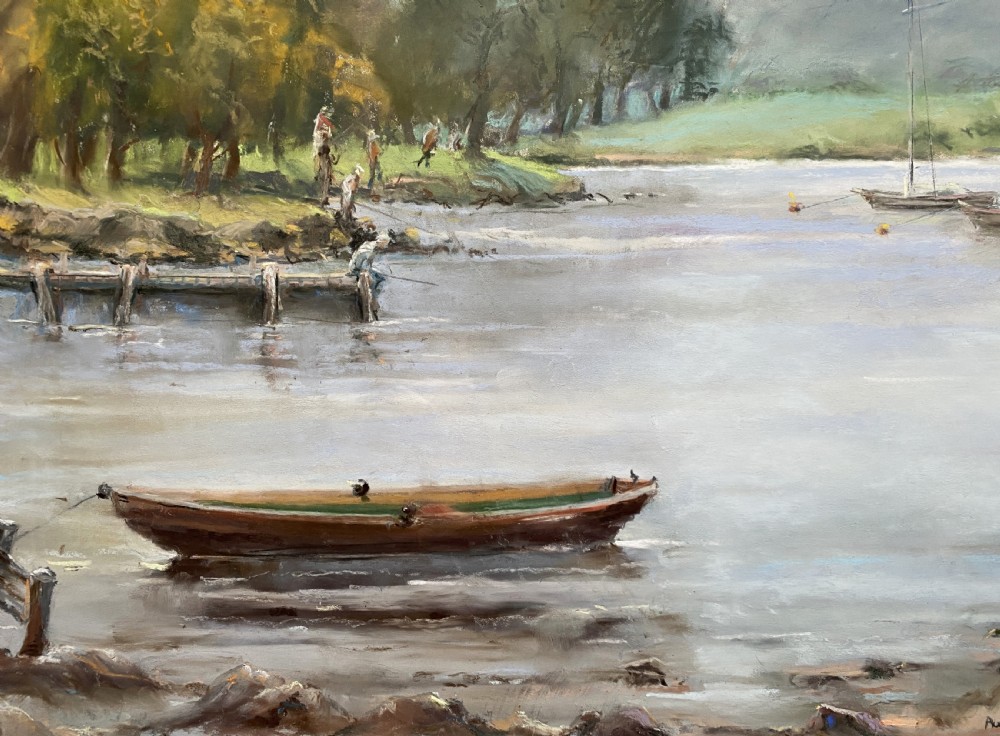 A framed post-war impressionist watercolour painting depicting a lake scene with boats, trees, and distant mountains at Fell Foot Park, Windermere. View VII