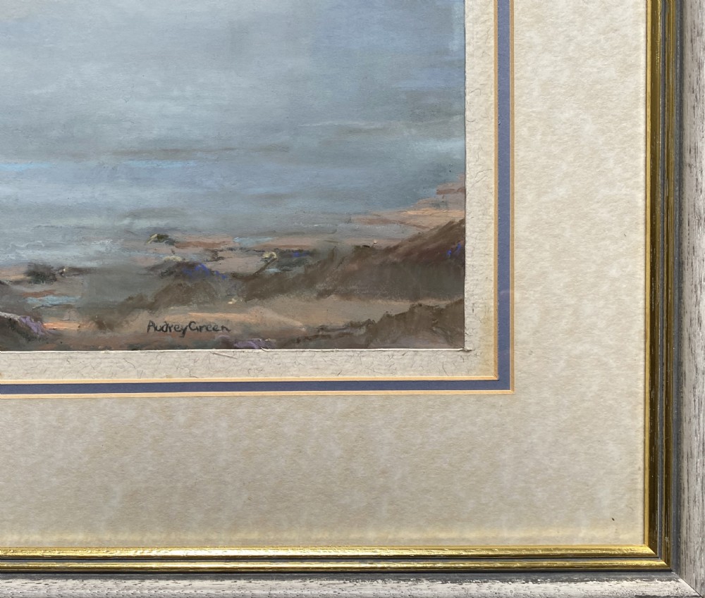 A framed post-war impressionist watercolour painting depicting a lake scene with boats, trees, and distant mountains at Fell Foot Park, Windermere. View VIII