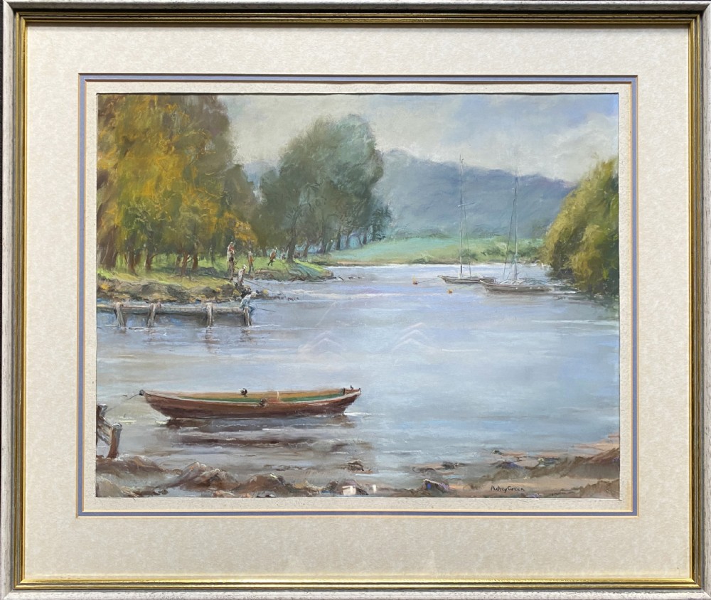 A framed post-war impressionist watercolour painting depicting a lake scene with boats, trees, and distant mountains at Fell Foot Park, Windermere. View X