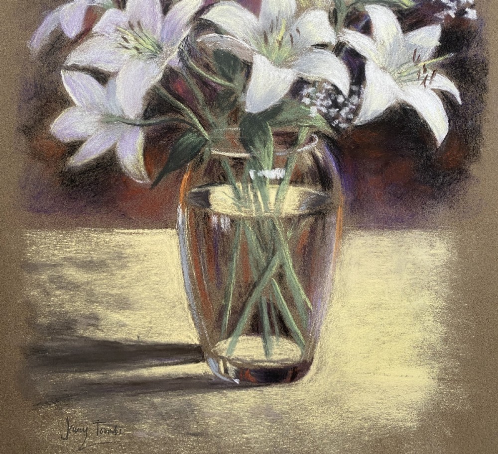 A framed pastel drawing depicting a bouquet of white lilies in a transparent glass vase set against a purple and beige background, presented with a burgundy mount and wooden frame. View IV