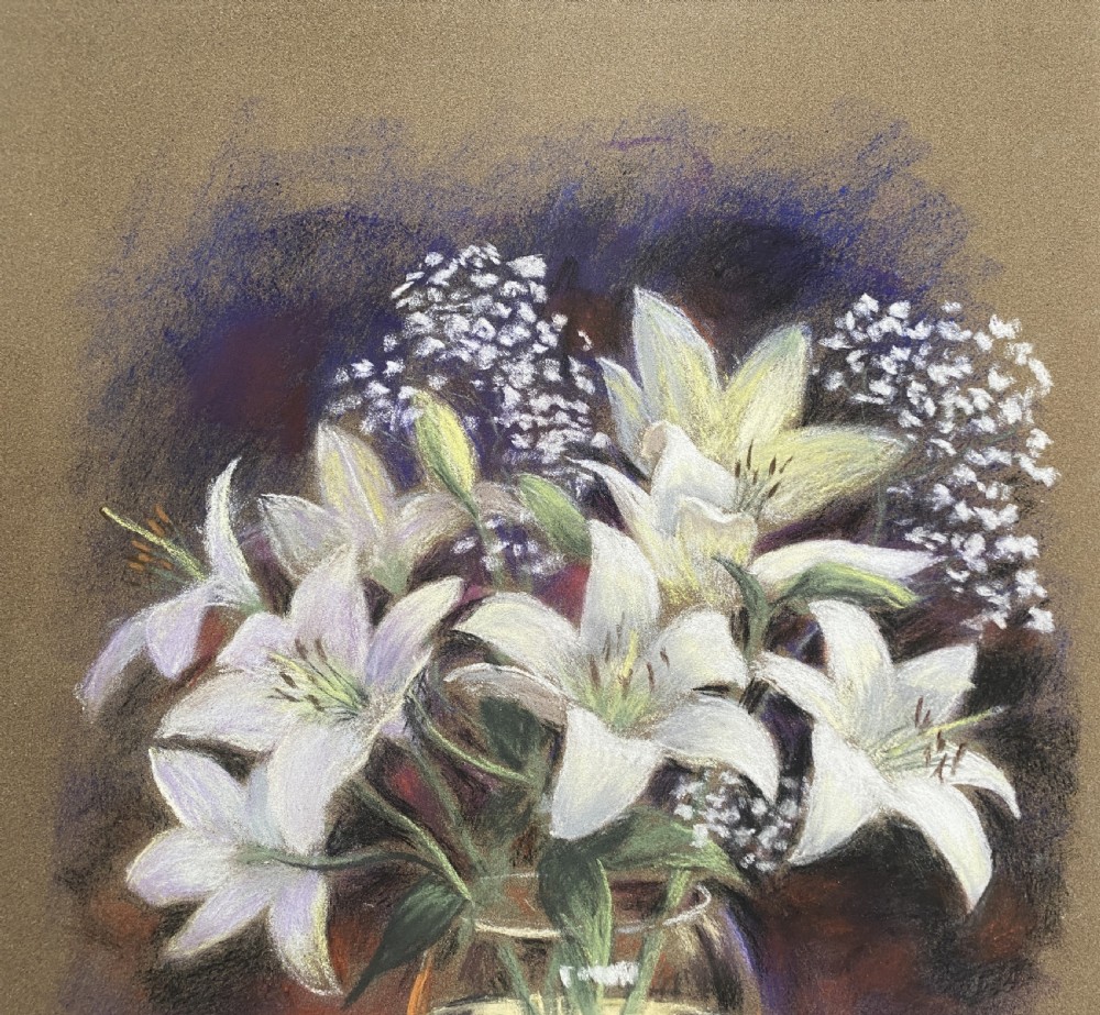 A framed pastel drawing depicting a bouquet of white lilies in a transparent glass vase set against a purple and beige background, presented with a burgundy mount and wooden frame. View V