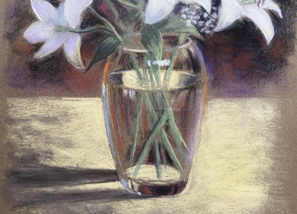 A framed pastel drawing depicting a bouquet of white lilies in a transparent glass vase set against a purple and beige background, presented with a burgundy mount and wooden frame. View VI