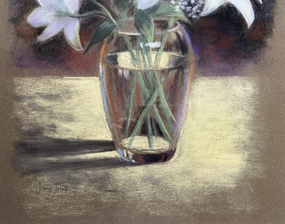 A framed pastel drawing depicting a bouquet of white lilies in a transparent glass vase set against a purple and beige background, presented with a burgundy mount and wooden frame. View VII