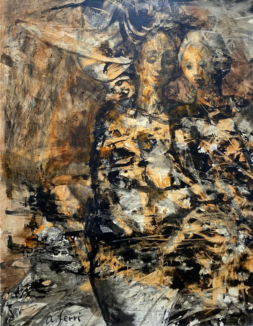 A vertical abstract acrylic painting of layered human figures in earth tones, framed by a linen slip and a tiered gold gilt moulding. View II