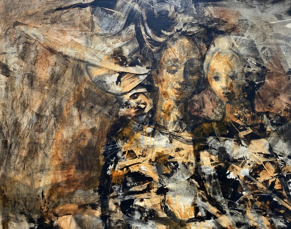 A vertical abstract acrylic painting of layered human figures in earth tones, framed by a linen slip and a tiered gold gilt moulding. View III